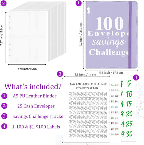 Savings binder challenge $5,050 with a 100 envelope challenge binder. A5 Savings Binder,budget planning booklet, goal challenge tracker, and day l...