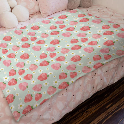 Strawberry Flower Summer Fruit Baby Blanket Girls Gift, Mint Green Pink Strawberries Floral Flannel Fleece Nursery Bed Blankets, Soft Lightweight ...