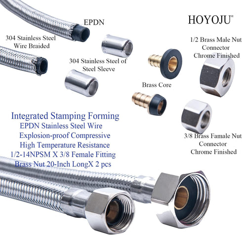 Braided Faucet Connector Supply Hose 1/2"-14NPSM Brass Nut X 3/8 Female Fitting Stainless Steel Lead-Free 20-Inch Long x 2 Pack...