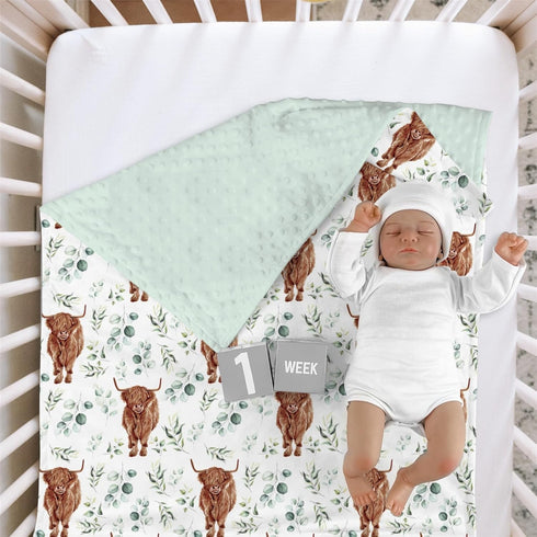 Highland Cow Eucalyptus Leaf Minky Baby Blanket Dotted Backing Boy Girl Gift, Western Farm Animal Yak Double Layer Flannel Nursery Bed Blankets, S...