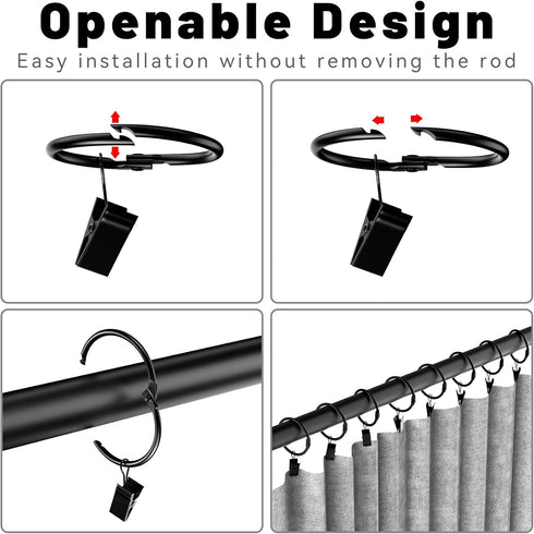 24 Pack 2 Inches Curtain Rings with Clips, Openable Drapery Metal Clip Iron Drapes Hangers Decorative for Windows Rods Rustproof, Black...