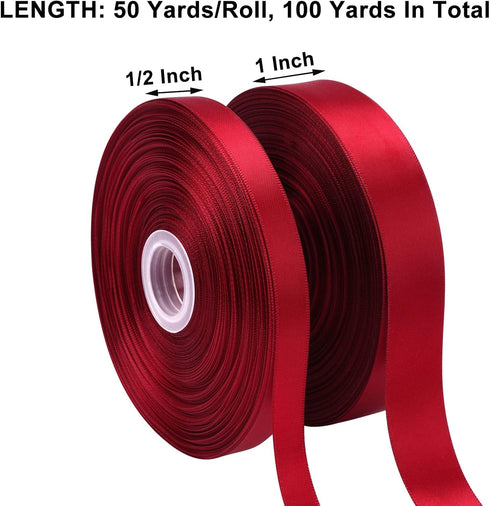 Swedin 2 Rolls (1”×50 Yards, 1/2”×50 Yards) Burgundy/Maroon Satin Ribbon for Gift Wrapping, Wedding, Bow Making & Other Projects...