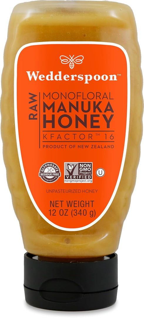 Wedderspoon Raw Manuka Honey, Unpasteurized, Genuine New Zealand Honey, Multi-Functional, Non-GMO Superfood, Convenient Squeeze Bottle, KFactor 16...