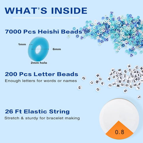 7200pcs Clay Beads Bracelet Making Kit, 10 Blue Colors 6mm Polymer Heishi Beads for Jewelry Making, Friendship Bracelet Kit with Letter Beads Chri...
