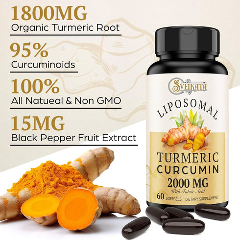 Liposomal Turmeric Curcumin Supplement 2000mg, 95% Standardized Curcuminoid Extract & Organic Root Powder with Piperine Black Pepper Fruit (15mg),...