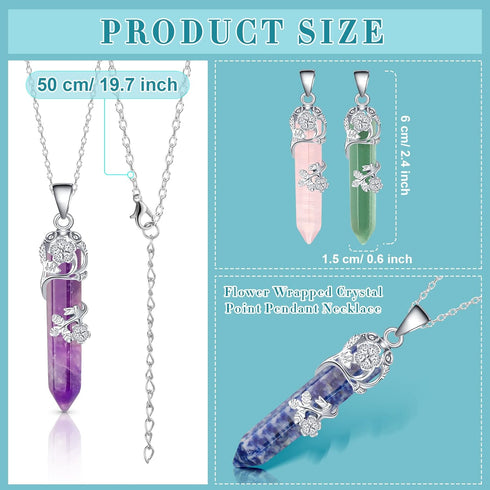 12 Pcs Healing Crystal Necklace Hexagonal Healing Crystal Flower Wrapped Crystal Point Pendant Necklace Healing Pendents Natural Quartz Point Neck...