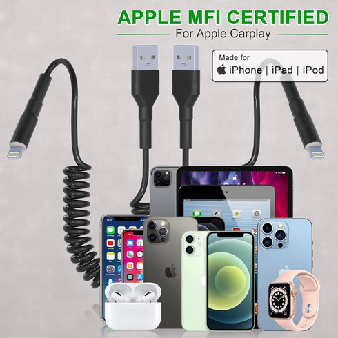 Coiled iPhone Car Charger Cord 2 Pack, Apple Carplay Compatible & MFi Certified, Short USB to Lightning Cable with Data Transmission and LED, Retr...