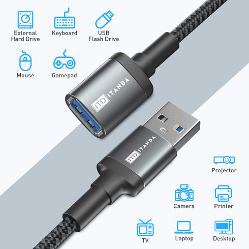 ITD ITANDA USB Extension Cable 6FT USB 3.0 Extension Cord A Male to A Female Nylon Braided Material for Playstation, Xbox, Keyboard, Mouse, USB Fl...