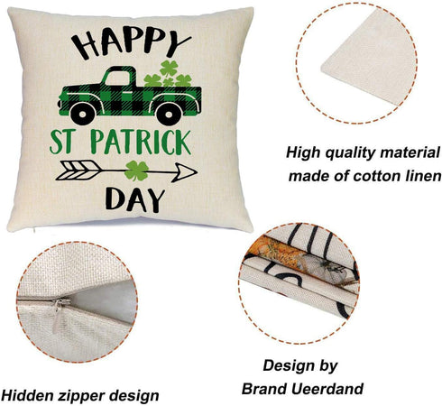 Ueerdand St Patrick's Day Pillow Covers Set of 4 18x18 Inch Shamrock Happy St Patrick's Day Decorations Green Clover Buffalo Plaid Lucky Truck Dec...