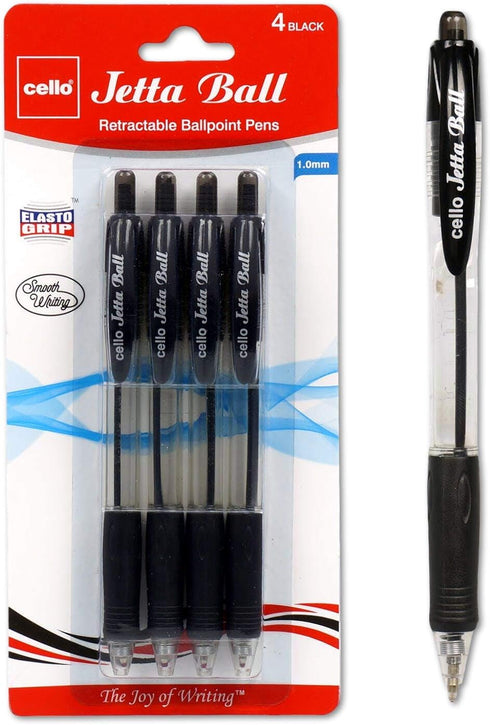 Cello Premium Medium Point Pens with Comfort Grip Control (Black Jetta Ball 4 Pack)...