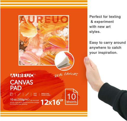 AUREUO Canvas Pad for Painting 10 Sheets, 10 Oz. - 12x16 Inch, 1 Pack - Triple Primed Glue Bound Cotton Canvas Paper for Oil and Acrylic Paints Ar...