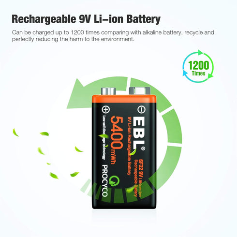 EBL Rechargeable 9V Batteries, 5400mWh USB 9V Lithium Rechargeable Battery (9V Batteries- 4 Pack)...