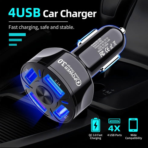 Amiss QC3.0 Car Charger Adapter, 4 Ports USB Car Charger, Fast Charging Electronic Devices with USB Interface, Car Interior Accessories, Compatibl...