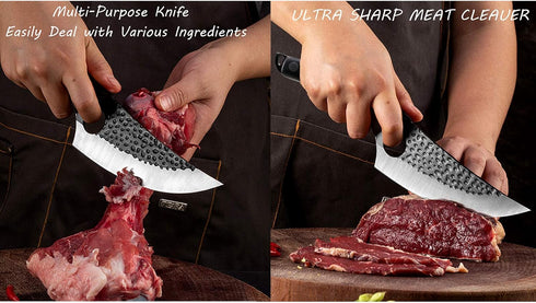Viking Knife Hand Forged Boning Knife with Sheath & Pocket Knife Sharpener High Carbon Steel Meat Caveman Knife Multipurpose Chef Knives for Campi...