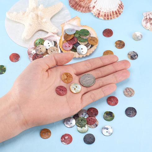 Beadthoven 144pcs Mother of Pearl Buttons 2-hole Sewing Fasteners Dyed Flat Round Mixed Color 15x1mm, Hole: 1.5mm...