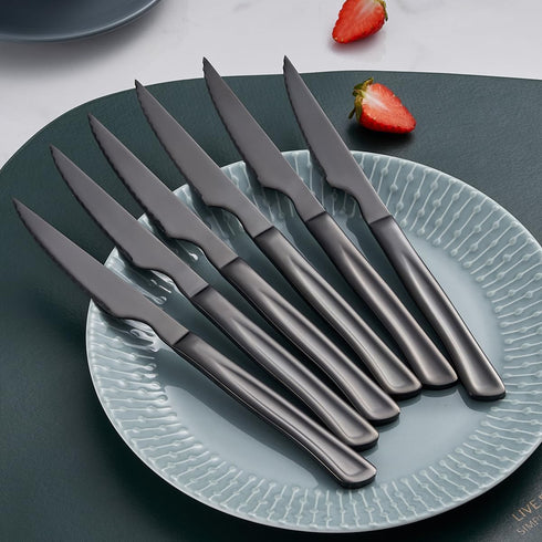 Black Steak Knife Set, 6 Piece Stainless Steel Kitchen Knife Set & Kitchen Utility Knives, 8.7 Inch Serrated Steak Knives, Dinner Knives, Sharp Kn...