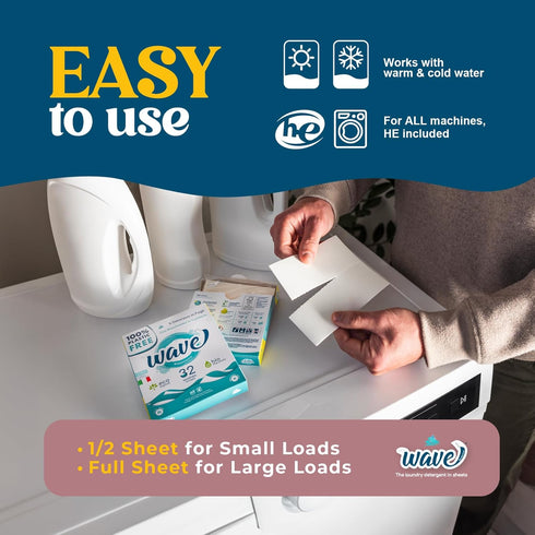 Wave Laundry Detergent Sheets - Unscented (64 Loads) - Dissolves Faster & Higher Cleaning Power Over Competitors - Multi-Purpose Laundry Cleaner -...
