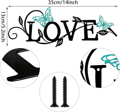 Metal Butterfly Love Sign Wall Decor Metal Black Love Word Sign Rustic Home Letter Ornament Cutout for Home Office Living Room Hanging Wall Decora...