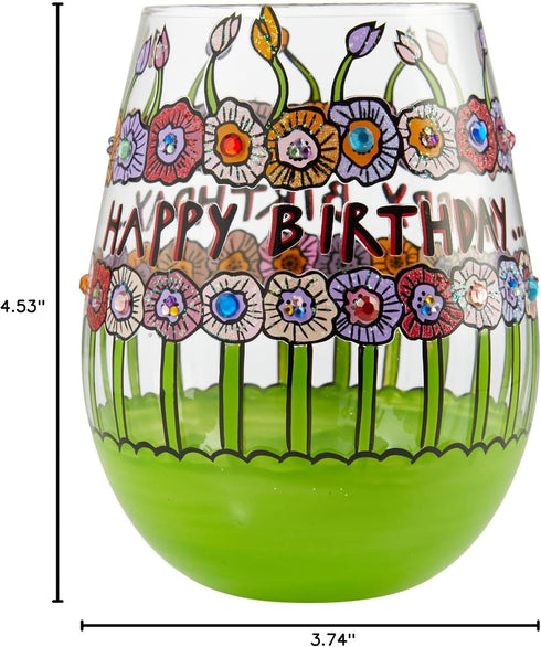 Enesco Designs by Lolita Birthday Flowers Hand-Painted Artisan Stemless Wine Glass, 1 Count (Pack of 1), Multicolor...