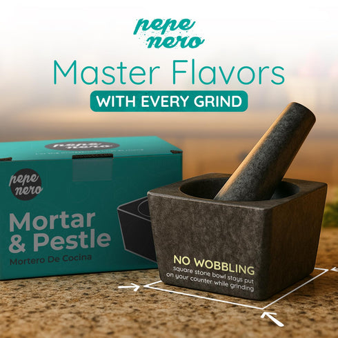 Pepe Nero Large Granite Mortar and Pestle Set - Heavy Duty Stone Grinder Bowl, Non Slip Base (Black, 5.5")...