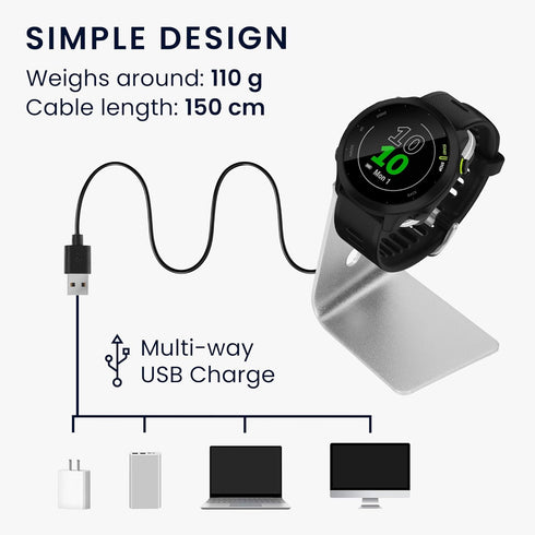 kwmobile Charging Station Compatible with Garmin Forerunner 55/255 / 255 Music/vivoactive 5 - Charger Dock Metal Stand with Cable - Black/Silver...