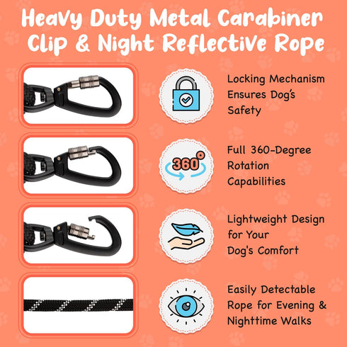 6 Foot Dog Leash, 2 Extra Padded Handles, Lockable Metal Carabiner Clip, Durable Silicone Clamps, Reflective No Pull Heavy Duty Rope Lead, Walking...