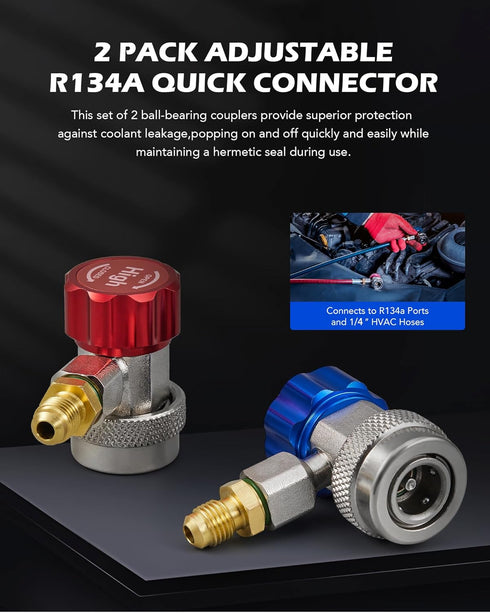 Orion Motor Tech R134a Quick Coupler Adapter, Adjustable R134a Adapters and AC Hose Fittings, HP and LP Connectors for R134a Car AC System Evacuat...
