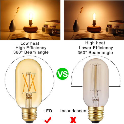 LiteHistory E26 LED Bulb 6W Equivalent E26 Bulb 60 watt Warm White 2200K Amber E26 Edison Bulb dimmable AC120V 400lm Tubular T14 T45 LED Bulb for ...