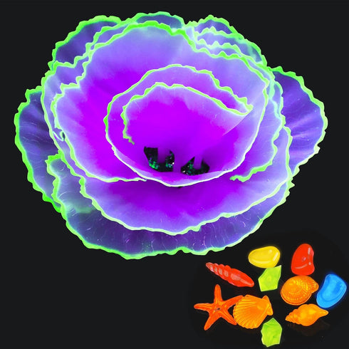Aquarium Decorations Fish Tank Decor Glowing Coral Ornaments, 1pc Purple Silicone Flower Plants and 10pcs Sea Shells/Stone Glow in The Dark Large ...