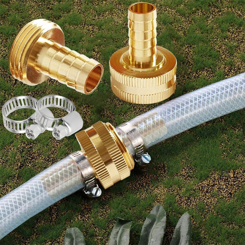 Solid Brass Garden Hose Repair Connector with Clamps, Fit for 3/8" Garden Water Hose Fitting, 3/4"GHT Male and Female Garden Hose Fitting, 2 Set...