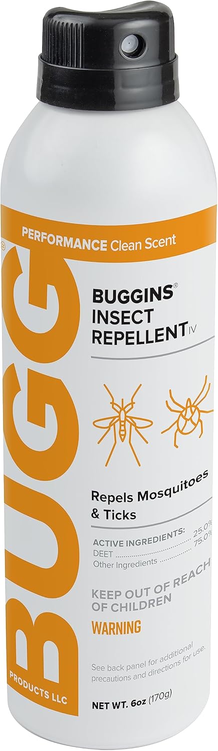 BUGGINS IV Performance - Insect Repellent - Mosquitoes, Gnats, Ticks, and Biting Flies, 25% DEET, Powdery Scent - 6 oz Continuous Spray Can...