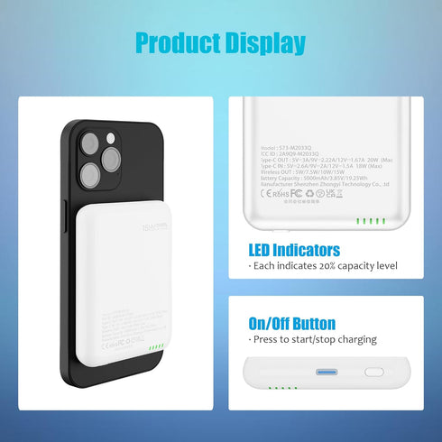 Miady 5000mAh Magnetic Wireless Portable Charger for iPhone, Fast Charging Portable Phone Charger/w Colorful Display, Magnetic Battery Pack Charge...