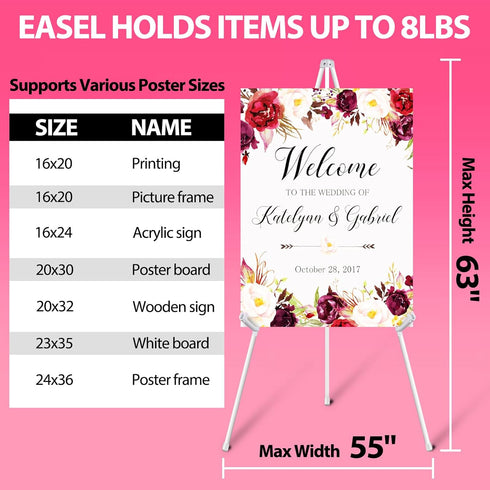 63" White Easel Stand for Wedding Sign Poster Display Easel Folding Art Easel for Floor Adjustable Metal Easel Instant Tripod Easel for Display Pa...