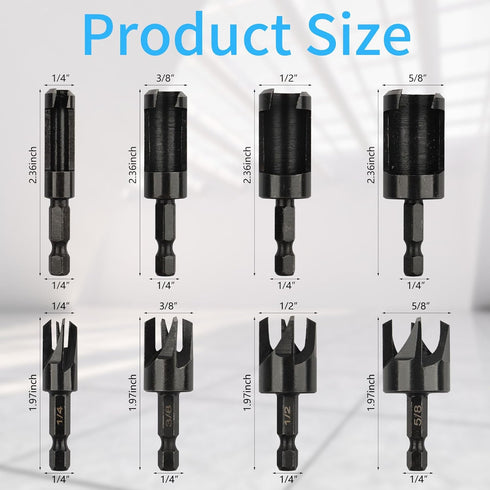 Rocaris 8 Pack Wood Plug Cutter Drill Bit Set, Straight and Tapered Taper Cutting Tool 1/4", 5/16", 3/8", 1/2", 1/4 Inch Hex Shank, Black...