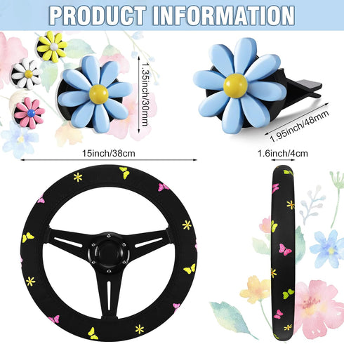 Frienda 5Pcs Butterfly Car Accessories Set Floral Butterfly Steering Wheel Cover with Cute Daisy Air Vent Clips Universal Sage Green Car Accessori...