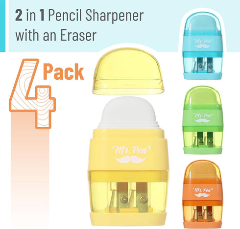 Mr. Pen- Pencil Sharpener & Eraser, 4 Pack, Colorful, 2 Sharpening Holes, Pencil Sharpeners Manual, Manual Pencil Sharpener, Pencils Sharpener, Ha...