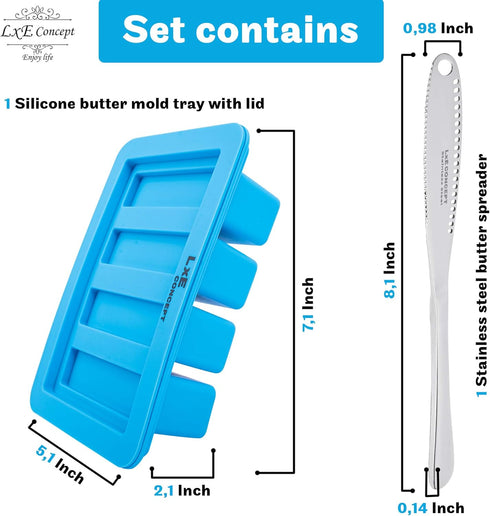 Butter Mold and Stainless Steel Spreader - Silicone Tray Container With Lid, 4 Stick Forms for Making Herb Butter, Candles, Baking Cookies - Round...