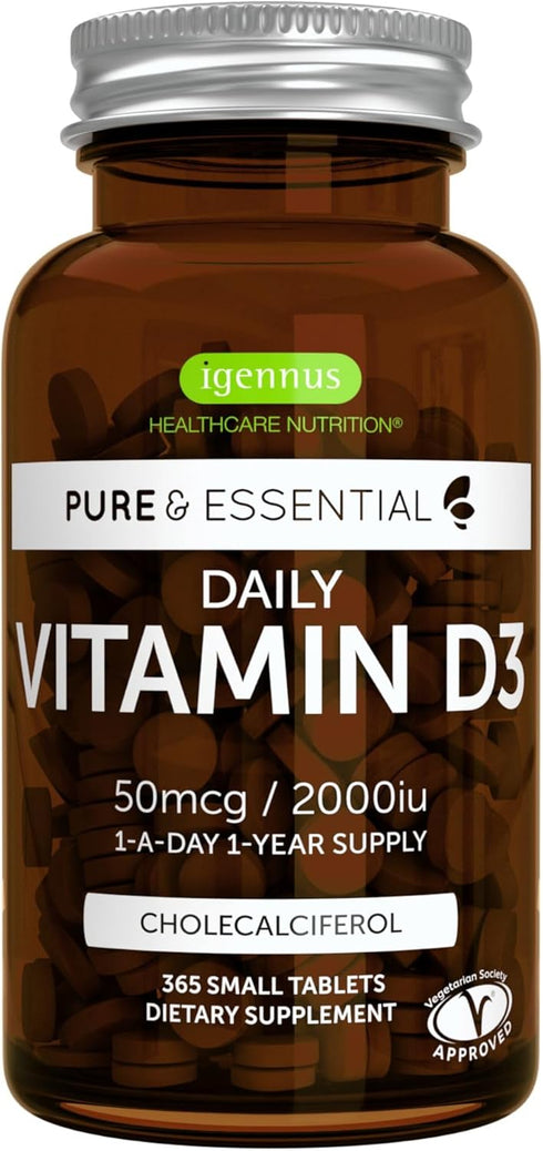 Pure & Essential Daily Vegetarian Vitamin D3 2000iu, Cholecalciferol, 365 Small Tablets, 1-A-Day 1-Year Supply, by Igennus...