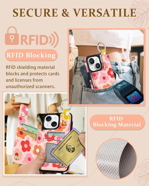 for iPhone 15 plus Wallet Case with Card Holder, Cute Designer Pk Flower Pattern Kickstand Magnetic Clasp Back Flip Folio Leather Cases for iPhone...