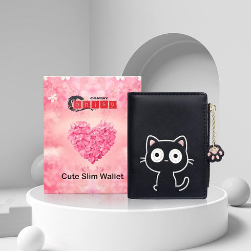 CONISY Cute Wallets for Women, Leather RFID Blocking Small Bifold Wallet with Zipper Coin Purse for Girls and Ladies Womens Wallet (Cat Black)...