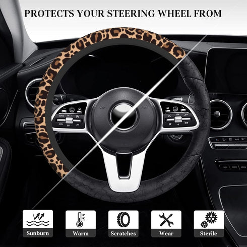 Leopard Print Car Steering Wheel Cover, Neoprene Universal 15 Inches Anti-Slip Steering Wheel Cover, Car Accessories Steering Wheel Protector for ...
