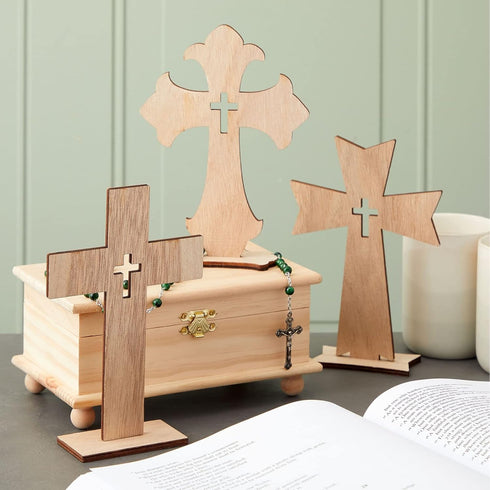 Bright Creations Wooden Crosses for Crafts - 12-Pack, 3 Sizes & Light Brown Unfinished Wood - DIY Blank Crosses with Stands - for Baptism Favors &...