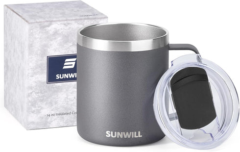 SUNWILL Travel Coffee Mug with Lid, Insulated Tumbler with Handle, 14 oz Stainless Steel Cup for Ice, Water, Tea, Powder Coated Cool Grey...