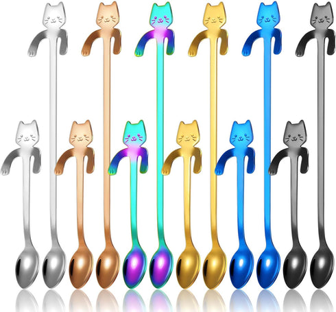 12 Pcs Cat Spoon Tea Spoon Valentines Day Spoons Stainless Steel Mini Long Coffee Spoons Teaspoon Cute Kitten Stirring Spoon 2 Different Lengths D...