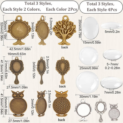 SUNNYCLUE 24Pcs DIY 12 Sets Pendant Bezel Blanks Cabochon Base Setting Bezel Frame Pendant Tray Vintage Owl Cabochon Blanks Mirror Shaped Cabochon...