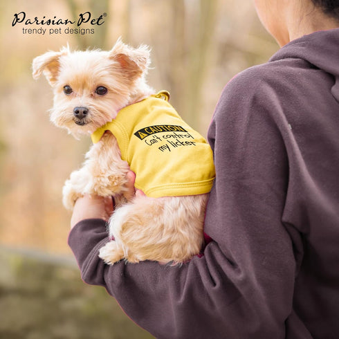 Parisian Pet Dog T-Shirt - Embroidered ' Caution Can’t Control My Licker ' Dog Tee Shirt - 100% Cotton, Dog Clothes - Sleeveless Pet Vest - Yellow...