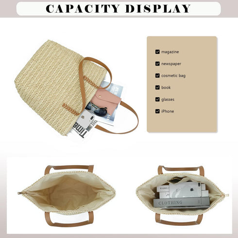 Straw Beach Bag for Women Large Straw Tote Bag with Zipper Summer Woven Bag Beach Travel Casual Straw Shoulder Bags...
