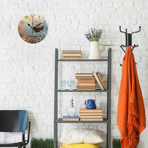 MOYYO Romantic Red Wine at Beach Sunset Wall Clock 9.8 Inch Silent Round Wall Clock Battery Operated Non Ticking Creative Decorative Clock for Kid...