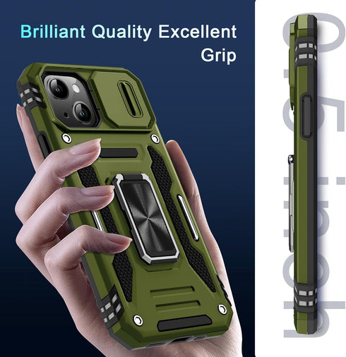 DEERLAMN for iPhone 13 Case, iPhone 14 Case with Slide Camera Cover + Screen Protector(2 Packs), Rotated Ring Kickstand Military Grade Shockproof ...