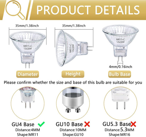 MR11 Halogen Bulb 12v 20W, 6-Bag MR11 Bulb with Glass Cover, Gu4 Double Pin Base, 2700k Warm White Adjustable Light, Applicable to Landscape, Trac...